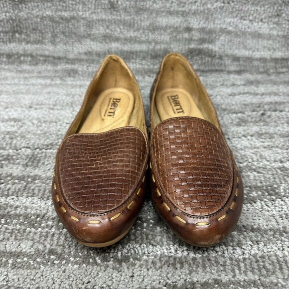 BORN Women's 6.5 Maple Loafers Brown  Leather Basket Weave Boho Look - Picture 3 of 9